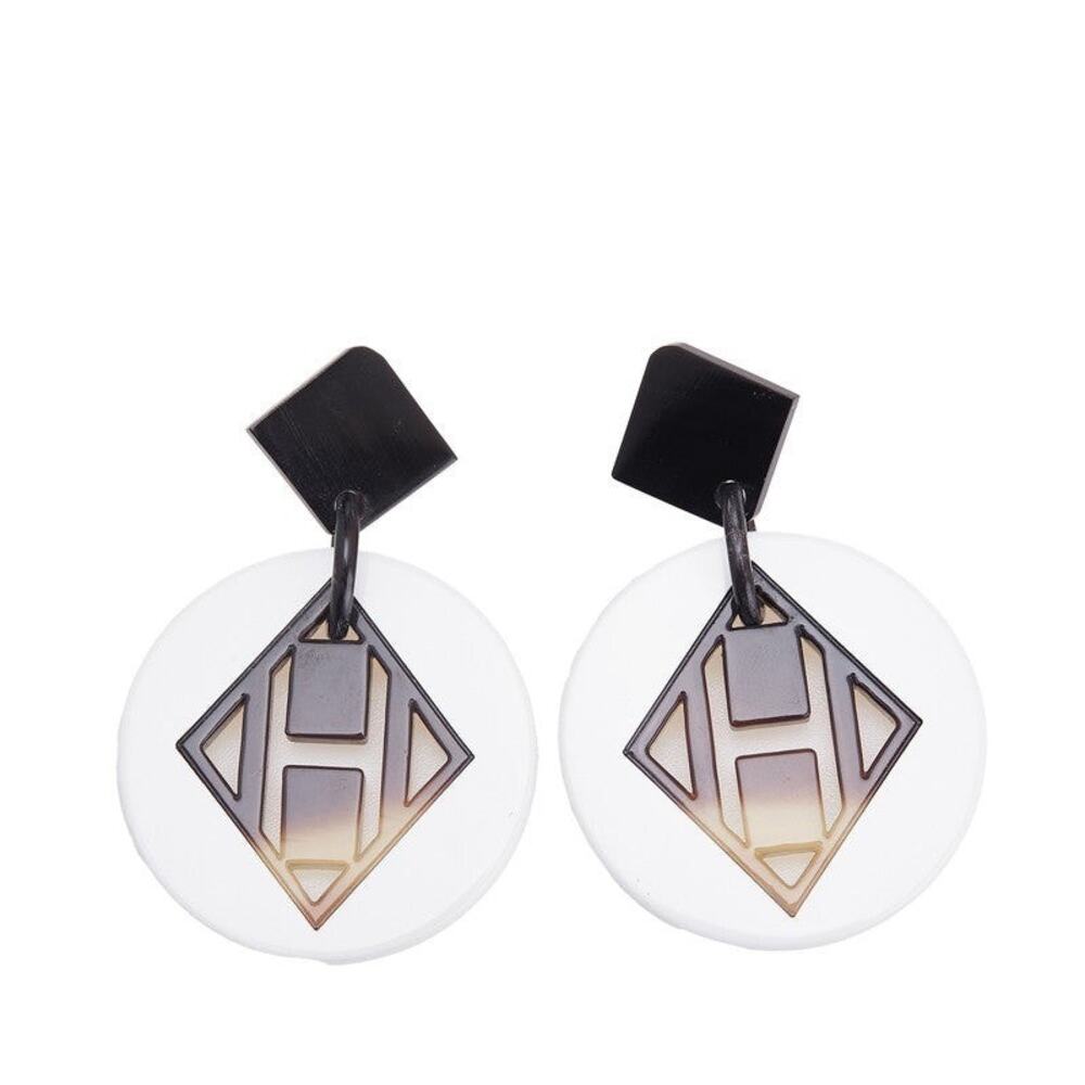 Hermes H Logo Stud Buffalo Horn Lacquer Wood Earrings White